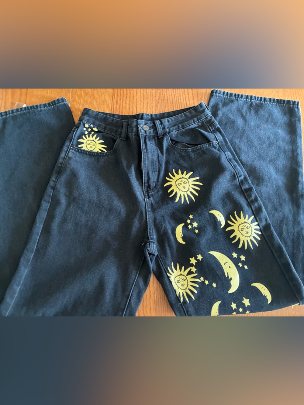 Black Denim Jeans with Yellow Celestial Print